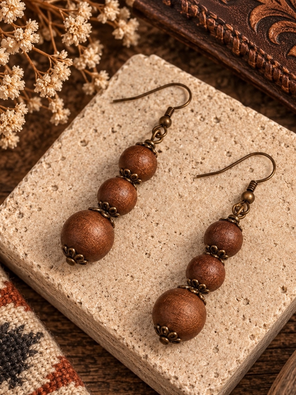 Handcrafted Brown Wood Bead Drop Earrings - Boho Western New